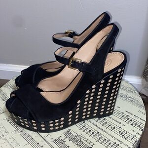 Tory Burch Ollie black polka dot peep toe platform wedges